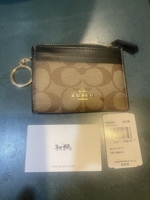 COACH Khaki Brown Signature Top Zip Gold Coin Logo Pouch Skinny ID Change Purse
