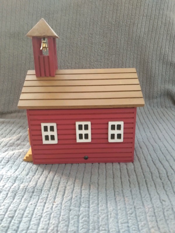 Vintage wooden school house & teacher 1987 animated music box plays School Days