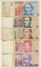 Argentina: (1992-1999) 2, 5, 10, 20, 100 Pesos 5 Note Set, Average Circulated 