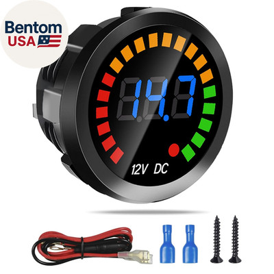 Waterproof DC 12V Voltage Meter, LED Digital Display Voltmeter Gauge Panel, roun