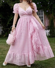 Elegant Vintage Palace Style Pink Chiffon V-Neck Ruffle Trim Maxi Dress 2X NEW