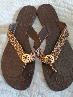 Tory Burch Women's 9 Sandals Thora Flip Flop Leopard Animal Leather Logo Thong