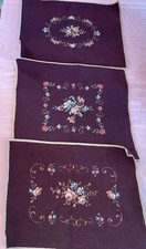 Set of 3 Needlepoint Tapestry Canvases Burgundy w/Flowers All Different