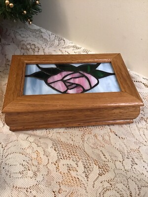 Stained Glass Clarity Oak Vintage Jewelry/Trinket Box