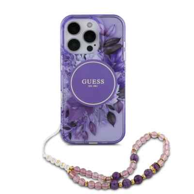 Guess für iPhone 16 Pro Flowers Handykette Magsafe Schutzhülle mit Band