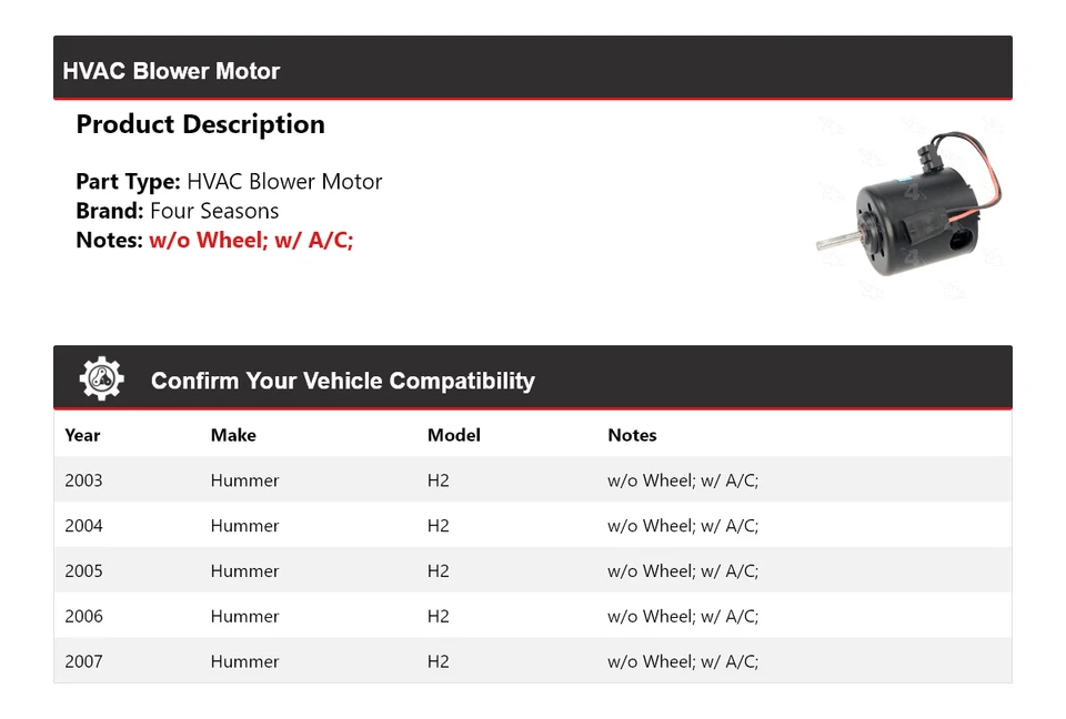 Motor soplador de climatización Hummer H2 2003-2007 4 estaciones 2004 2005 2006 Foto 2 de 4