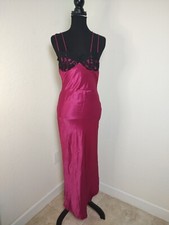 Victoria Secret Gold Label Lingerie Chemise Slip Gown Magenta Satin Lace Trim B7