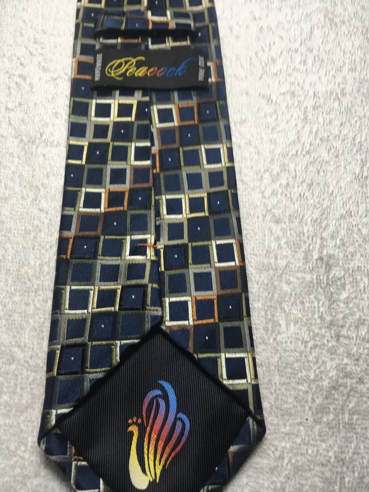 CORBATA HOMBRE PAVO REAL AZUL MARINO CON VERDE ORO MARRÓN GRIS 3,75 X 60 Foto 4 de 4