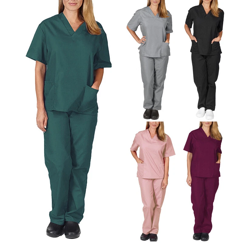 Medical Women Nursing Scrub Suit V-neck Nurse Uniform T-Shirt Tops Pants  Set New