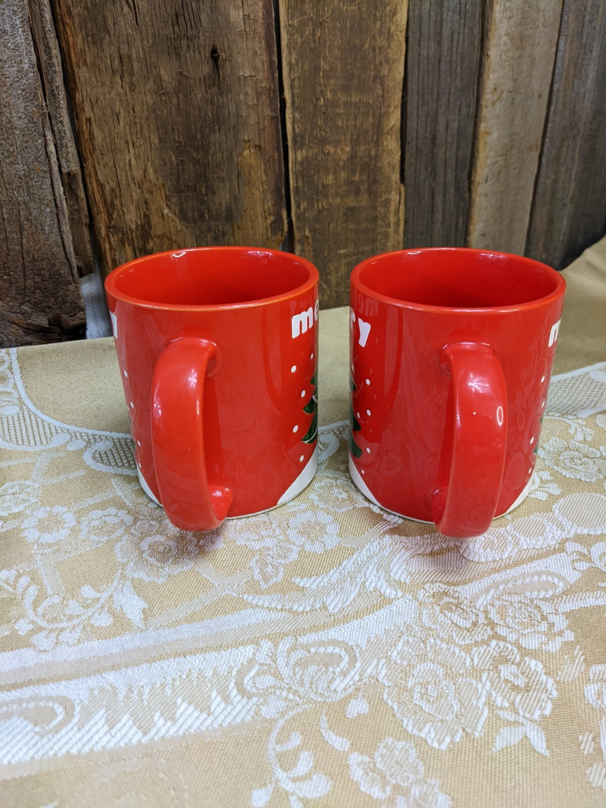 TWO Vintage made in Japan Merry Christmas Tree Coffee Mugs cups Vintage