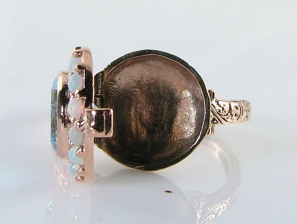 PILLBOX 9K 9CT Oro Rosa Locket Anillo Cluster Pillbox Topacio Azul