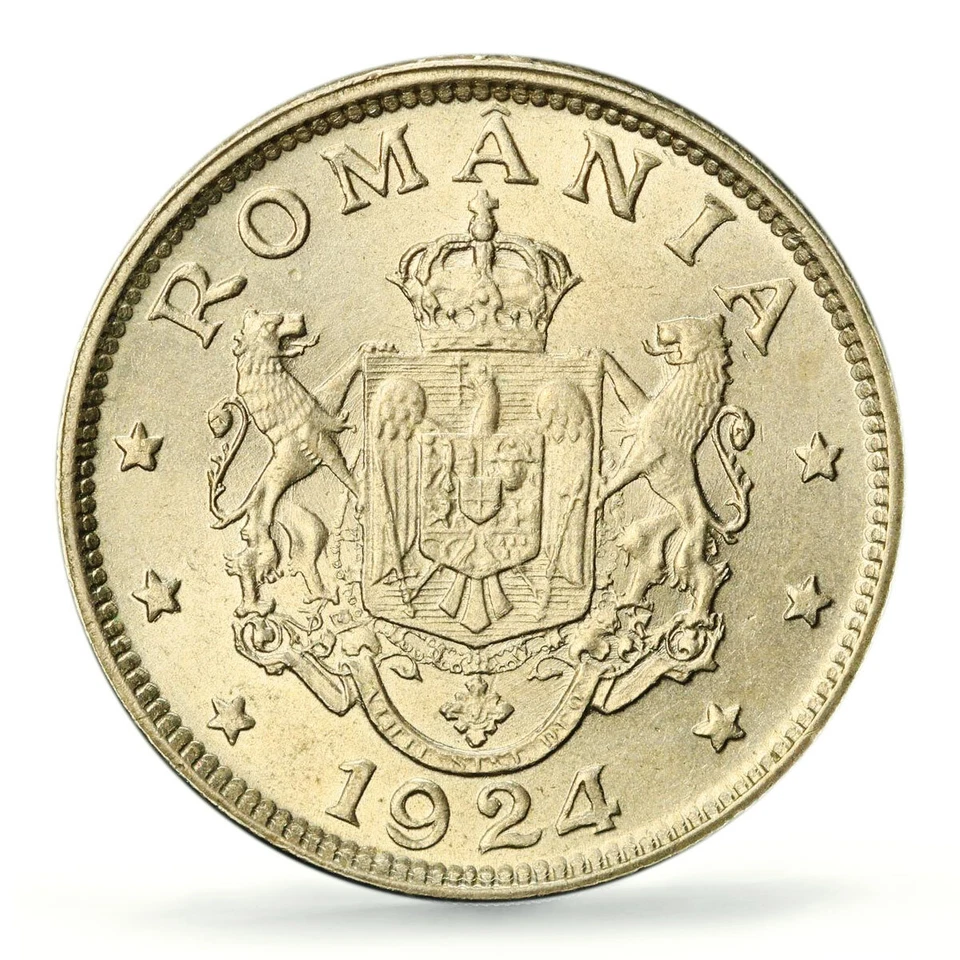 Moneda Rumania 2 Lei Fernando I Bruselas Casa de la Moneda KM-47 MS65 PCGS CuNi 1924 Foto 3 de 4