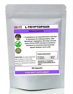 YOUR BEST SUPPLEMENT L-Tryptophan Capsules 500mg (High Strength) Pure, No Additives, No Fillers