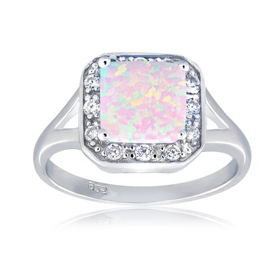 Sterling Silver Created White Opal CZ Square Ring