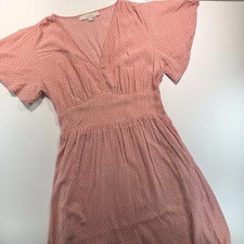 LOFT rose Pink Dress Short Sleeves White Dots V Neck Smock Waist 2