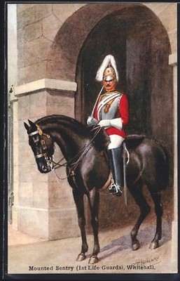 AK Whitehall, Mounted Sentry 1st Life Guards, britischer Garde-Soldat zu Pferd 