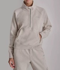 DKNY Sport Women Beige Stand Collar Studded Logo Half-Zip Sweater Size L