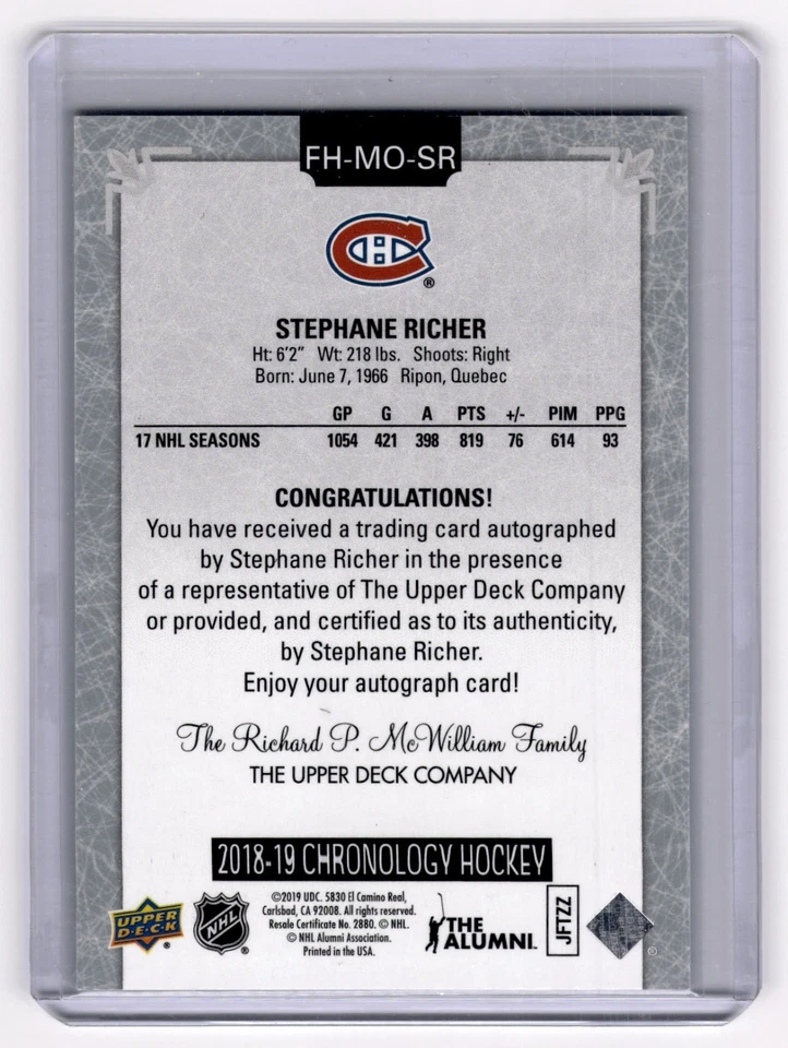 2018-19 Upper Deck Chronology Franchise History Stephane Richer #FH-MO-SR Auto - Image 2 of 2