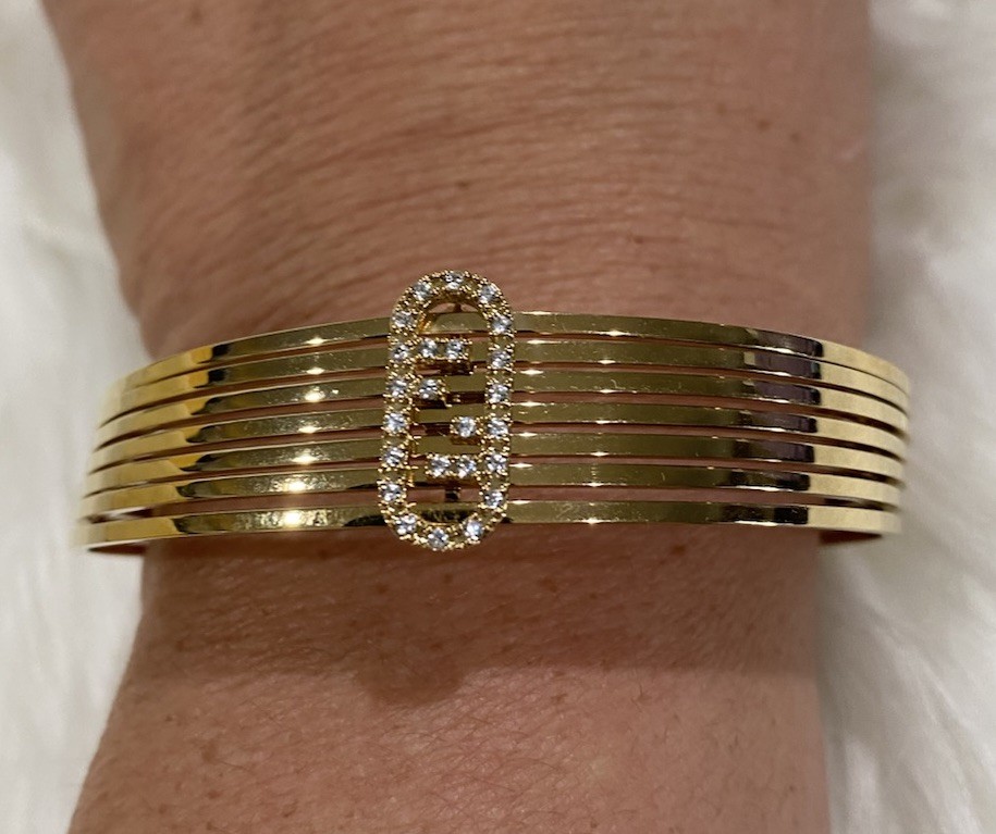 Fendi Gold Metal Bangle Bracelet with Crystal Accent and original