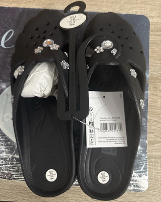 Fashy Damen Clogs Sandalen Schwarz Strass flach rutschfest EU 40