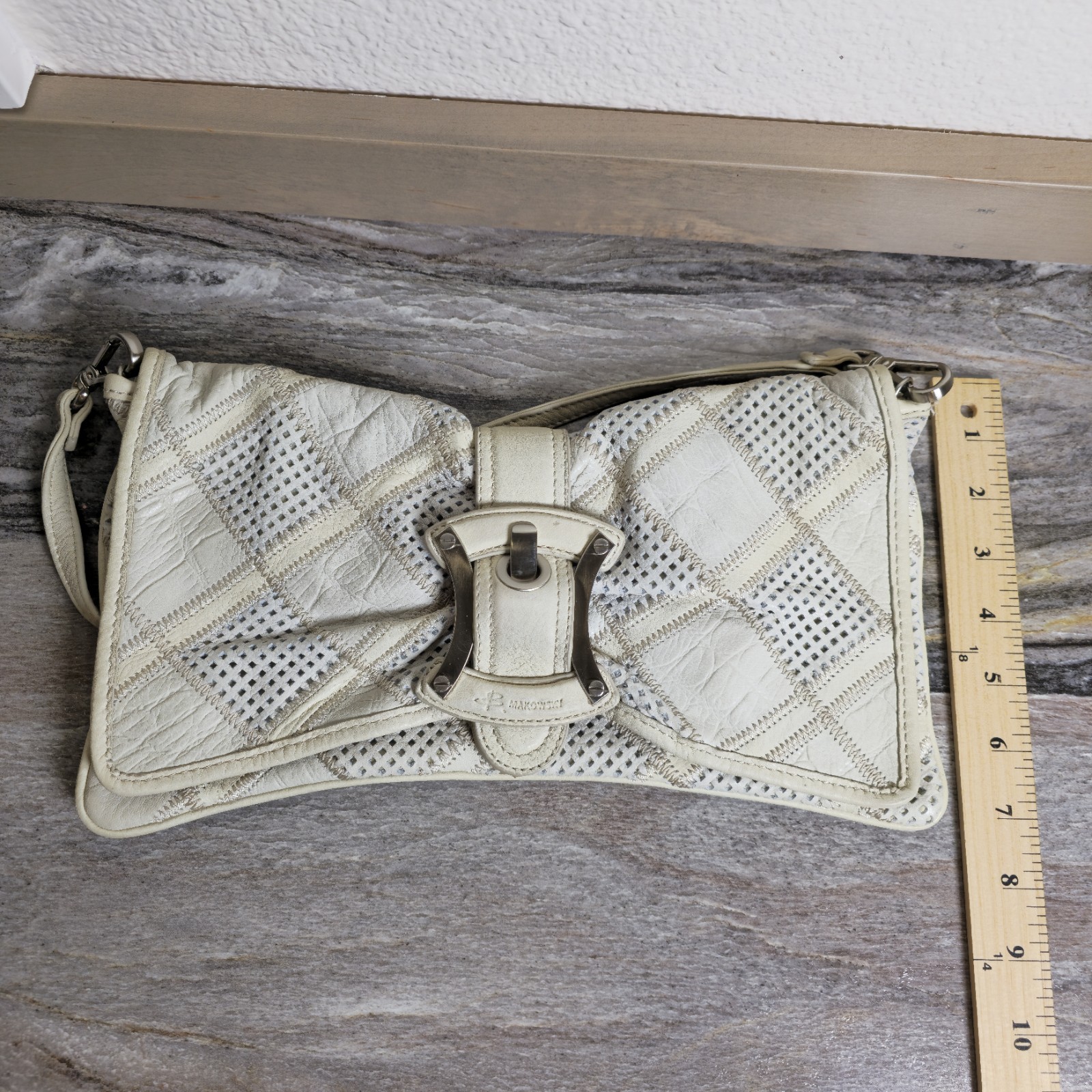 B. Makowsky Ivory Leather Patchwork Bow Shoulder … - image 8