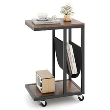 C-shaped Side Table 2-tier Sofa Couch Table with Canvas Storage Pouch Brown