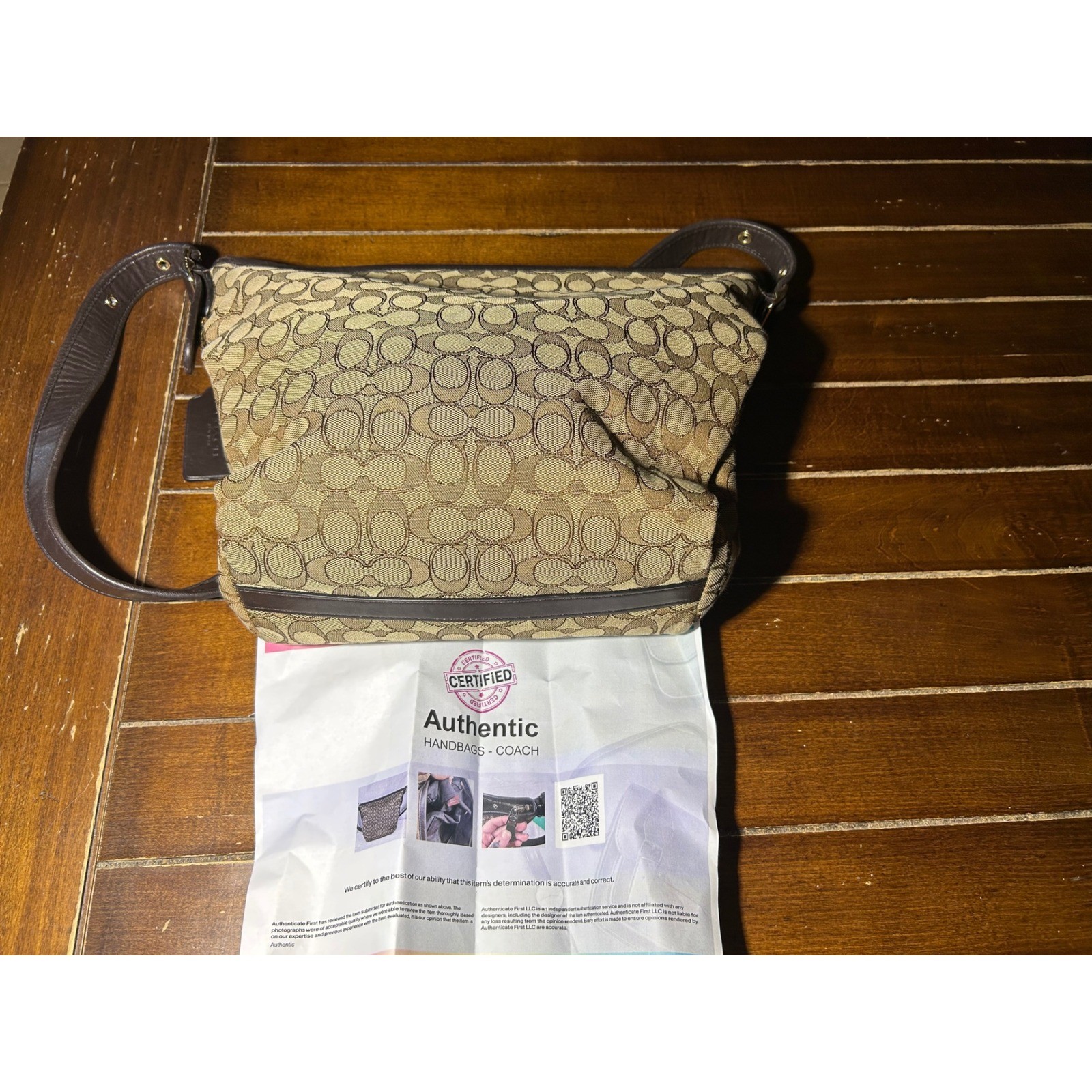 Coach Signature C Monogram Canvas Leather Trim Shoulder Bag Brown Beige