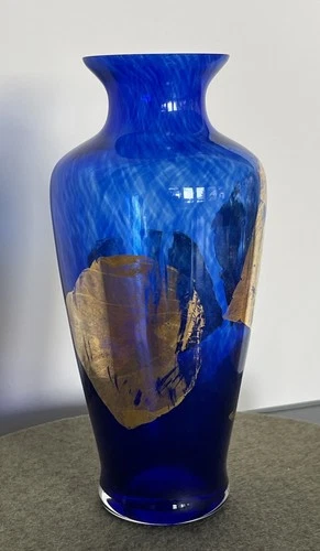 Guy Corrie Union Street Glass 8.5" Vase Cobalt Blue 24k Gold Leaf 1994 SIGNED