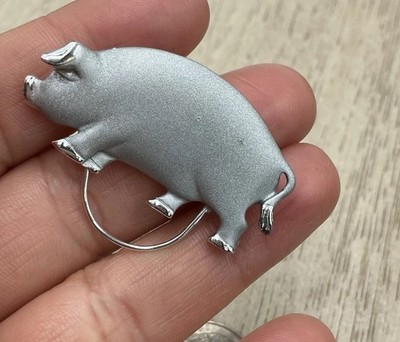 Vintage Silver Tone Pig Brooch Cute Animal Farm Pin Jewelry