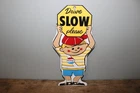 Vtg Pepsi Cola Drive Slow Please Boy School Zone Soda Pop Porcelain Metal Sign