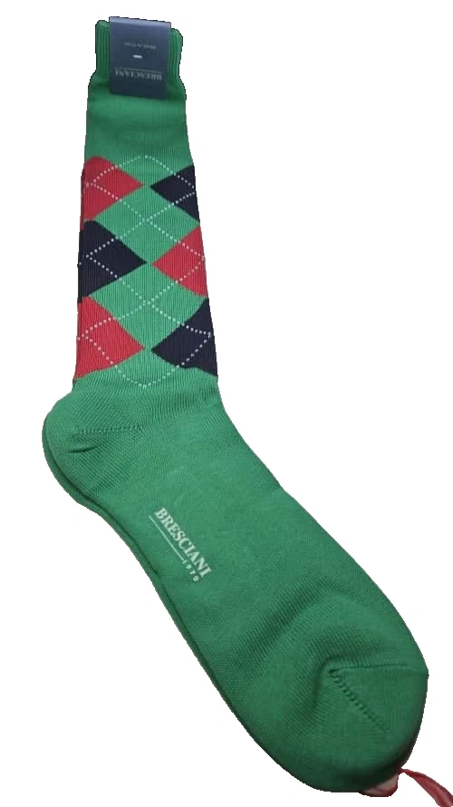 Bresciani Men’s Italian Socks Argyle Green/Red/Black 100% Cotton Size M - NWT