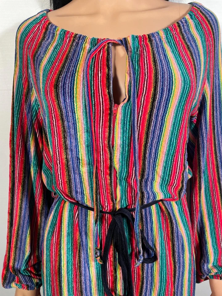 Maxi Vestido Vintage Años 70 Terciopelo Rayas Cremallera Cerradura Ropa de Salón Bata Talla M Foto 4 de 4