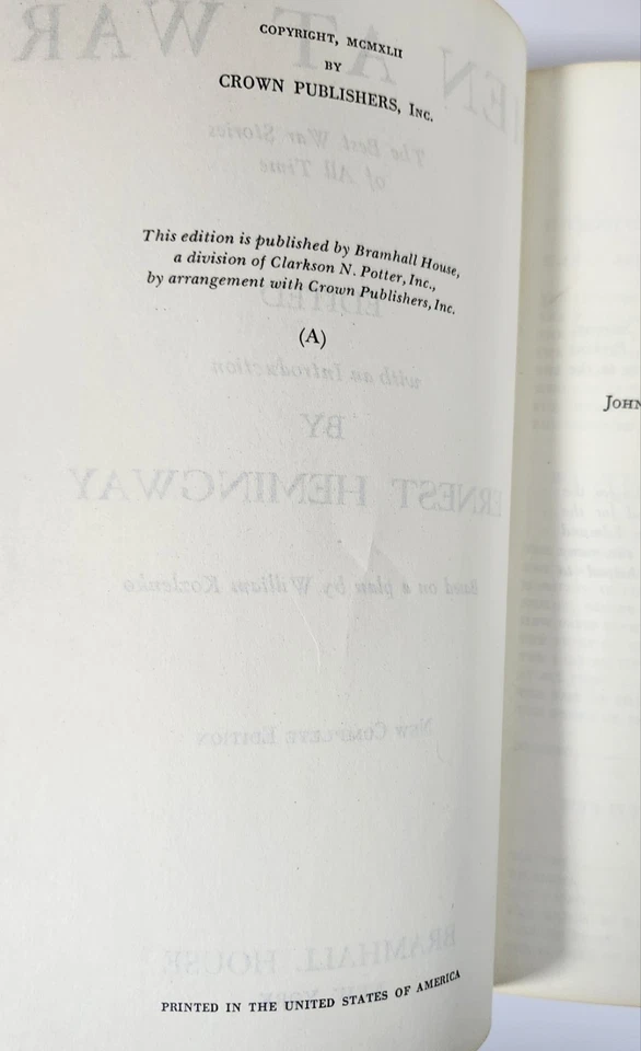 Men At War by Ernest Hemingway-New Comp Ed (1942, Bramhall House) War Stories - Image 2 of 4