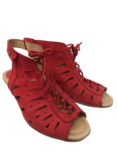 Damenschuhe Earth Größe 8,5B hellrotes Wildleder Kristin gestapelter Absatz Knöchelriemen