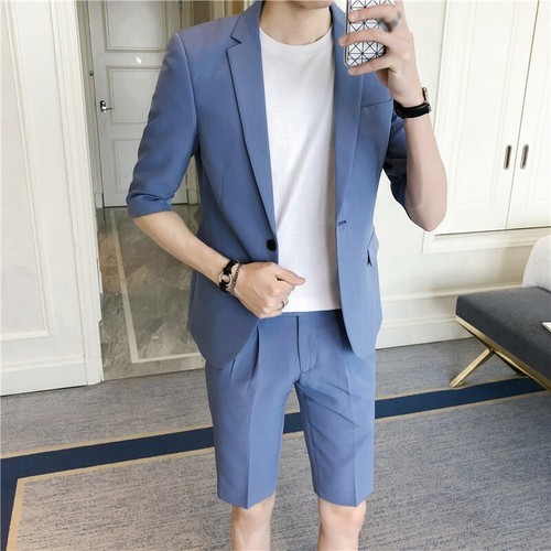 Mens Lapel Suit Blazer Jacket 2PCS Short Sleeve Slim Fit Shorts Wedding Summer - Afbeelding 1 van 17