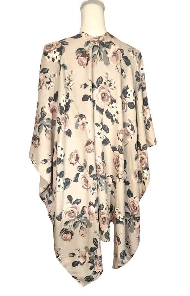 Lauren Conrad Cape Wrap Beige with Pink Ivory Roses One Size Fits Most