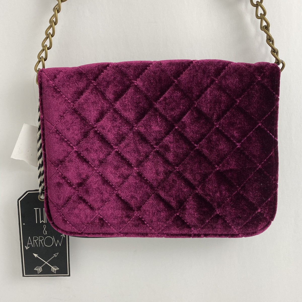 Twig Arrow Quilted Velvet Magenta Black Chain Small Crossbody Bag Handbag  NWT