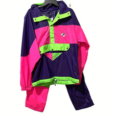 Vtg 80s Stylfrance Snow Ski Windbreaker Jacket L Pant 34 Set BRIGHT Neon Day Glo