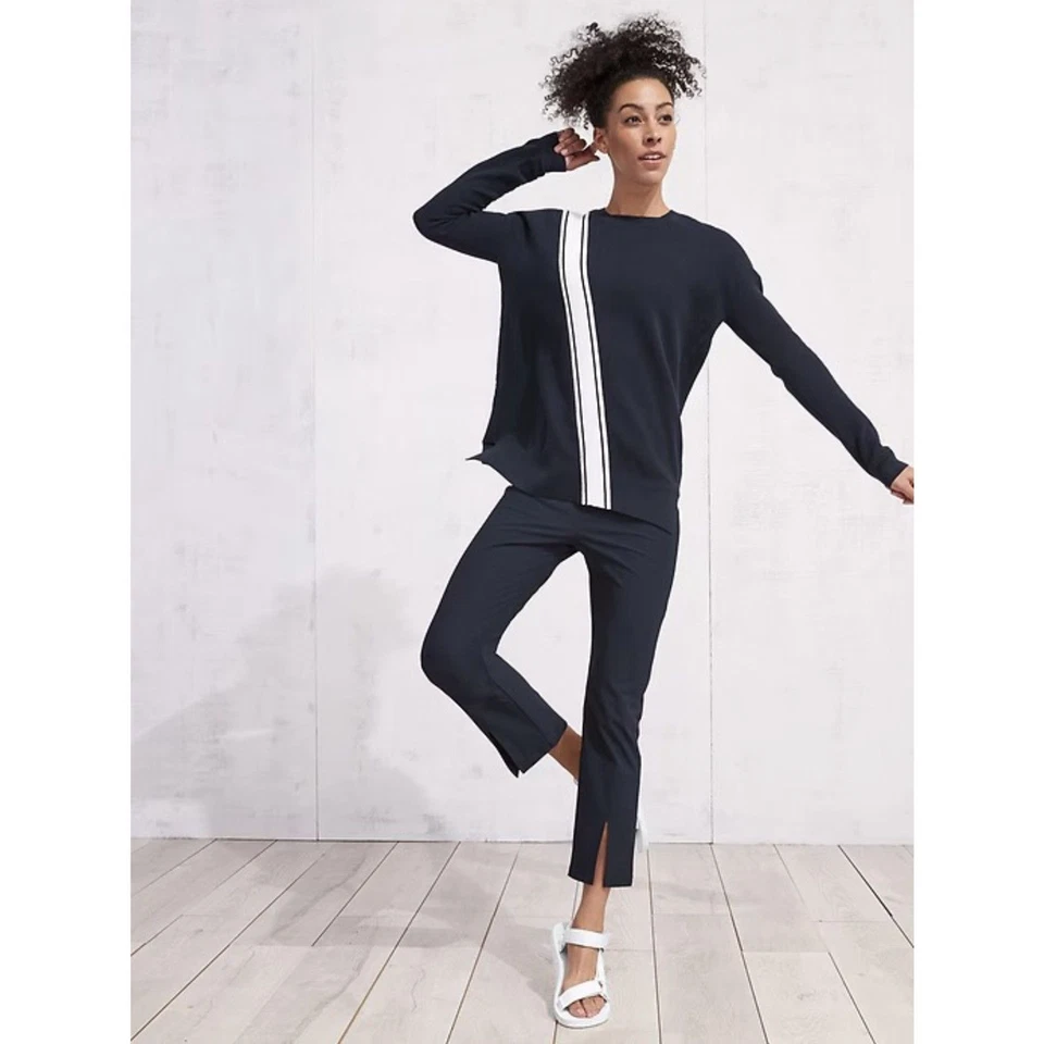 Athleta Streetwise Sweater Navy Blue White Stripe Medium Cotton Pullover  - Image 3 of 4