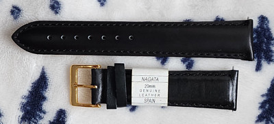 NAGATA SPAIN 20mm Black Calf Genuine Leather Watch Band Strap With Gold Buckle