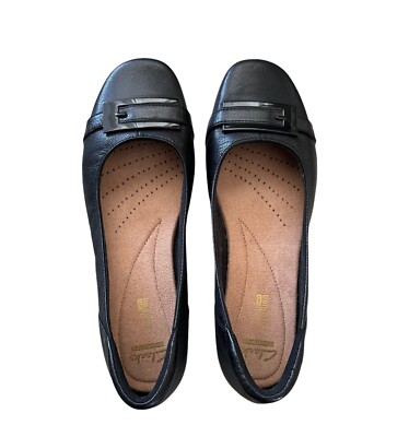 Clarks Collection Women's Shoes Black Leather Blanche West Flats Size M 