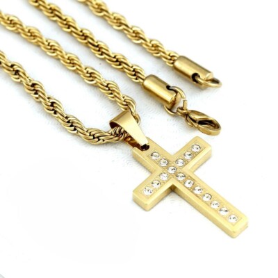 NEW Gift Inc Men's Stainless Steel CZ 40 mm Cross Pendant 24'' Rope Chain +Box