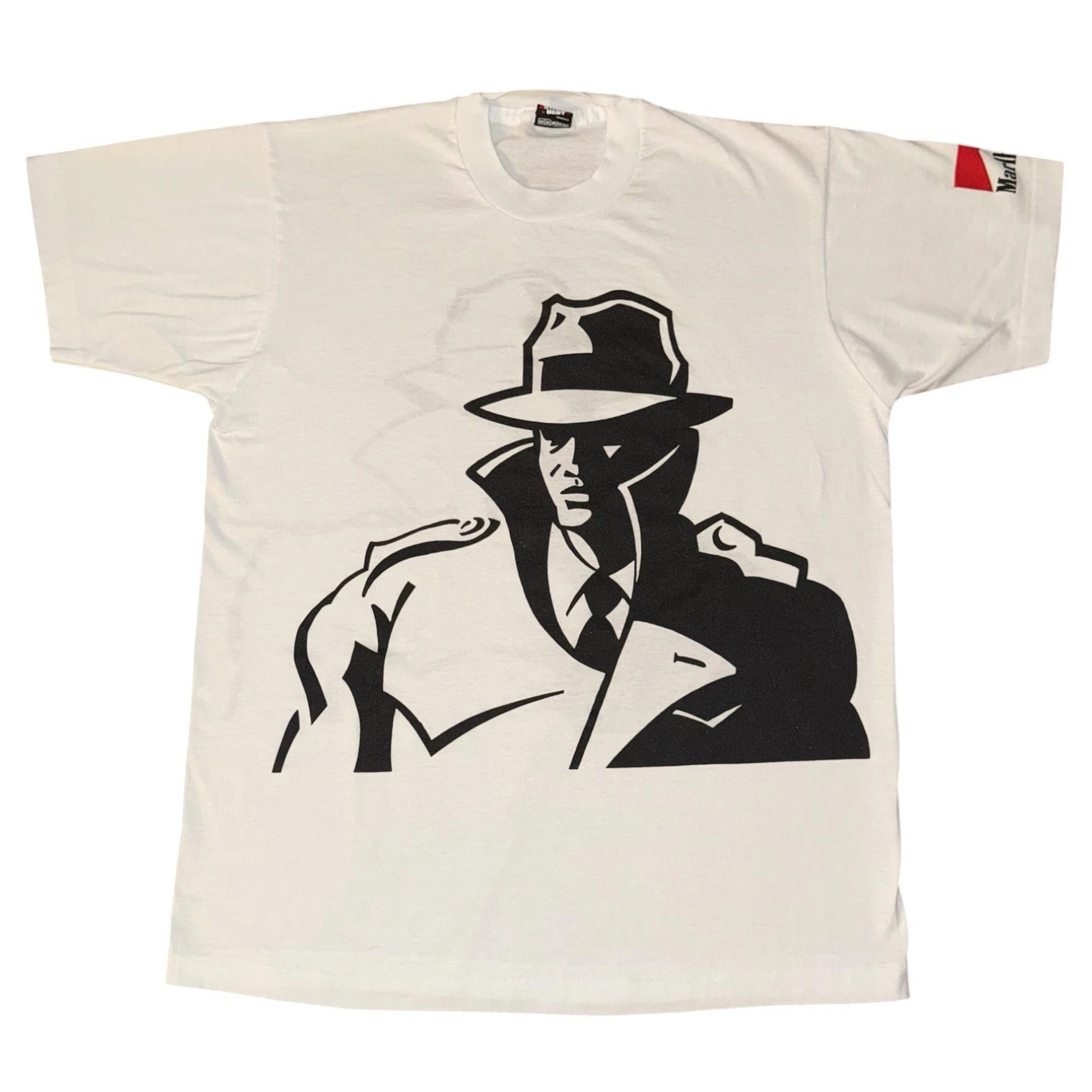 Vintage Marlboro T-Shirt Size XL White 90s Detective Fedora Graphic Promo Tee