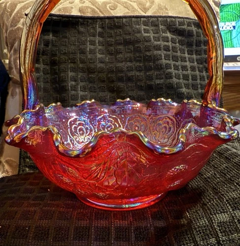 Fenton Persian Medallion Carnival Glass Basket In "Ruby" or "Revival Red"