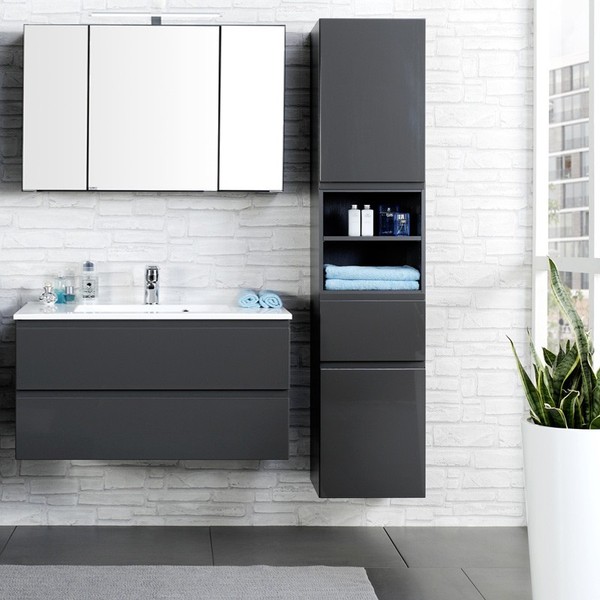 Komplett BadezimmermöBel Set 100Cm Waschtisch Spiegelschrank BadmöBel Waschplatz-image