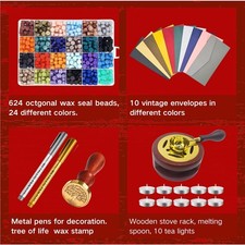 Deluxe Wax Seal Kit with Custom Stamp  624 Sealing Wax Beads - 24 Colors wit...