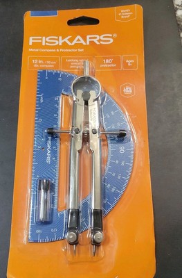 NEW!! FISKARS METAL COMPASS (12'' DIA) AND PROTRACTOR (180 DEGREES) SET  AGES 8+