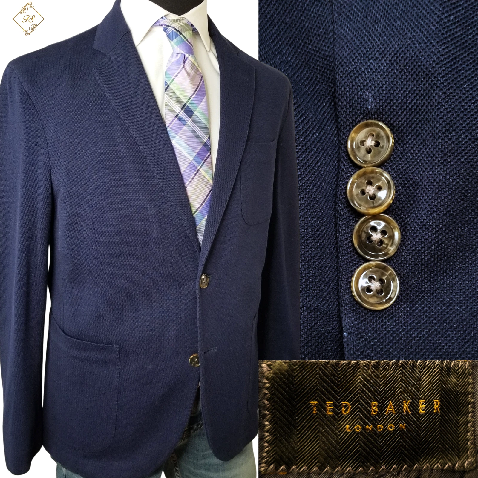 Ted Baker London Unstructured Blue Pique Knit Blazer 42S / 42R Sport Coat Jacket