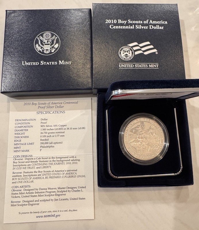 2010 P Boy Scouts of America Commemorative Proof Silver Dollar w/ Box & COA