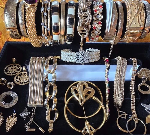 37-Piece Vintage Estate Costume Jewelry Warm Gold Tone Bracelet & More Mixed Lot